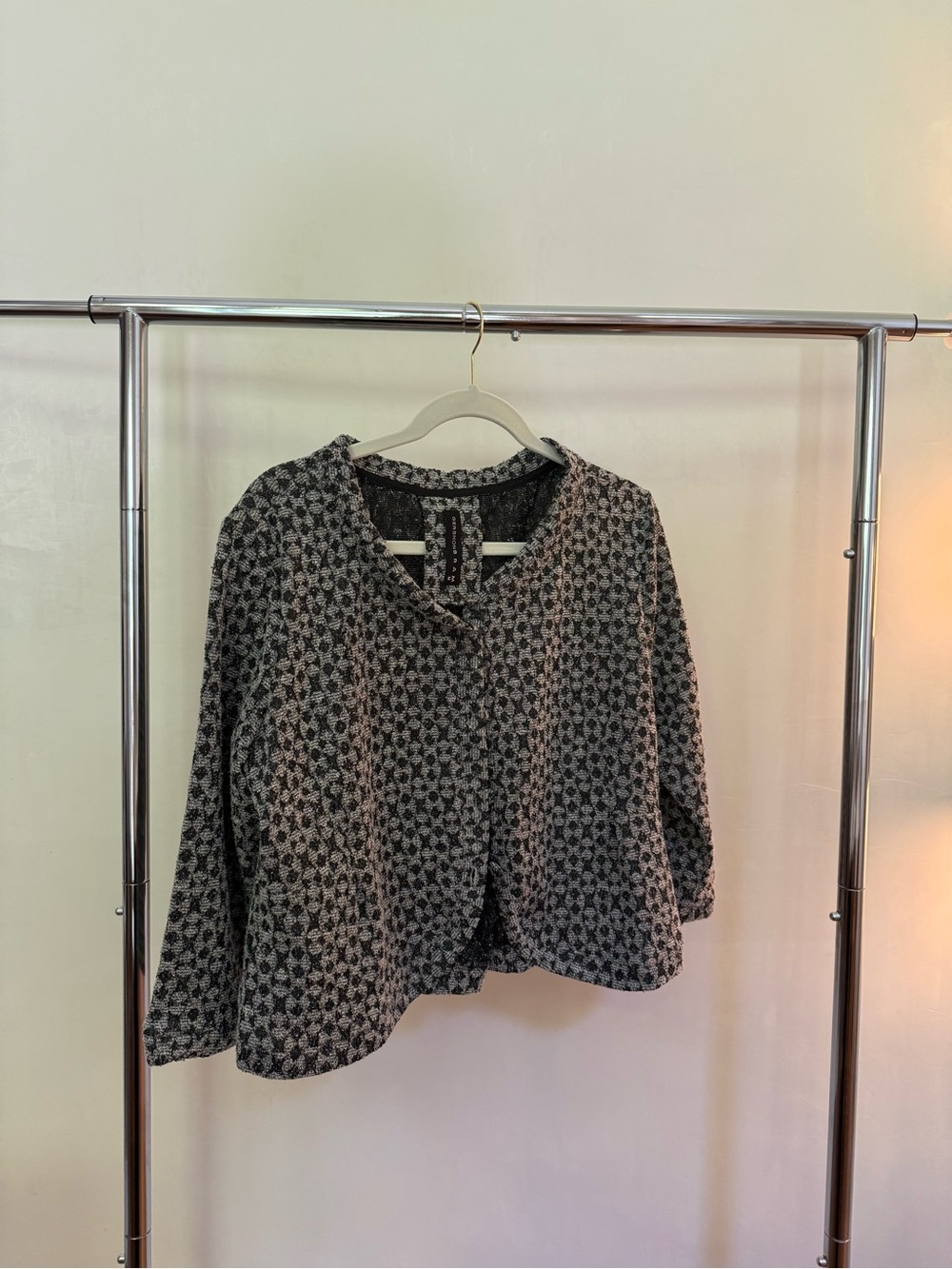 Black and Gray Patterned Cropped Knit Jacket - Women Tops